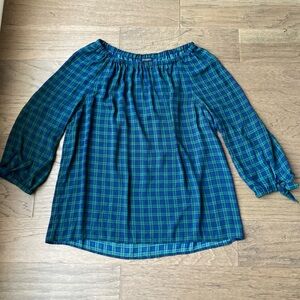 Talbots Navy and Green Plaid Blouse-Size Large